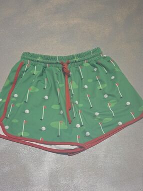 Green Golf-Print Athletic Shorts with Red Trim
